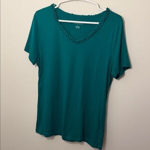 Talbots Green Short Sleeve V-Neck with Braided Trim